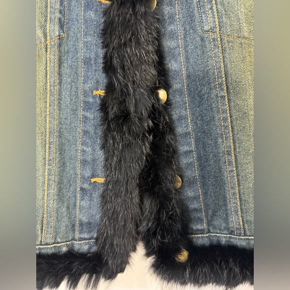 MIXIT Vintage Y2K Blue Denim Vest w/ Real Black Rabbit Fur Trim Sz Large - Picture 2 of 5